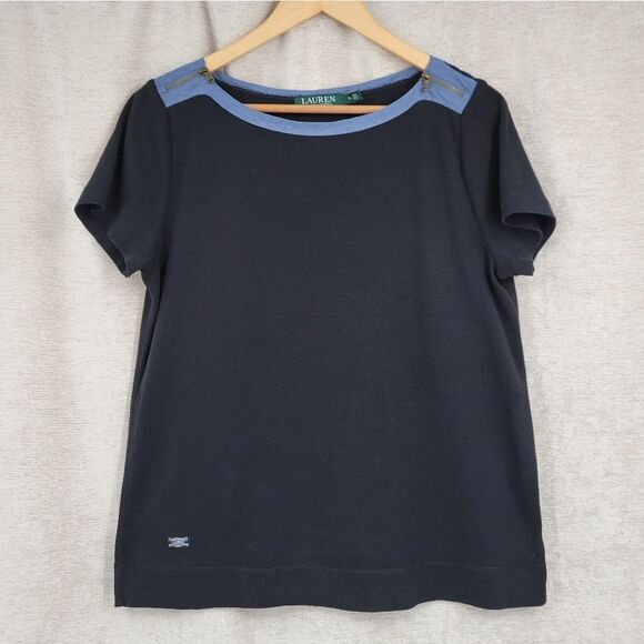 Lauren Ralph Lauren Y2K Short Sleeve Tee T-shirt with Denim Contrast and Zippers - Picture 1 of 9